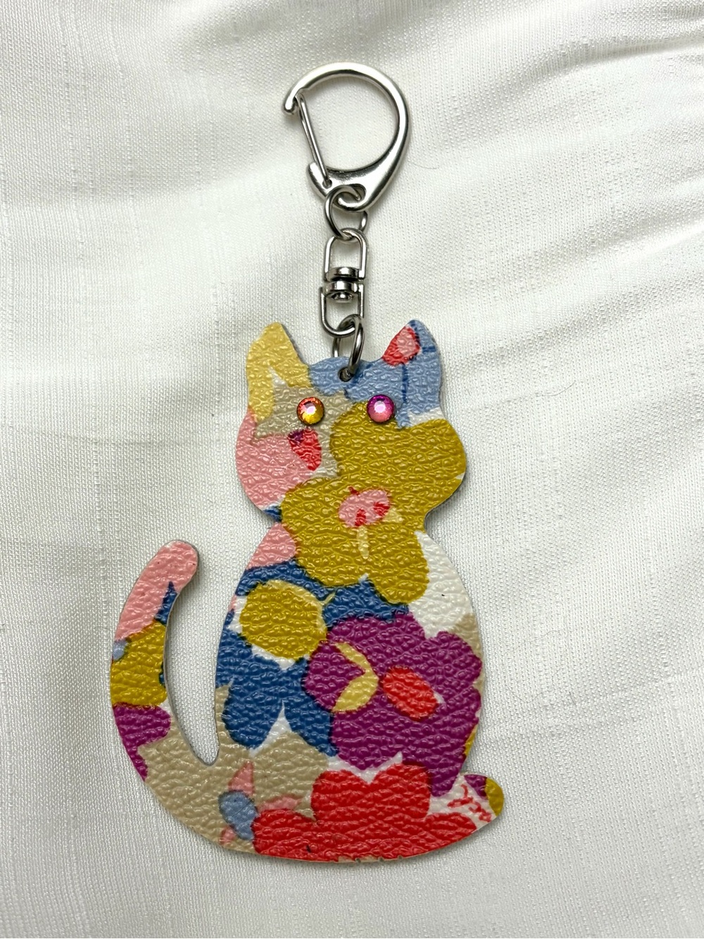 Upcycled COACH Multicolor Floral Cat Keychain Bag Charm